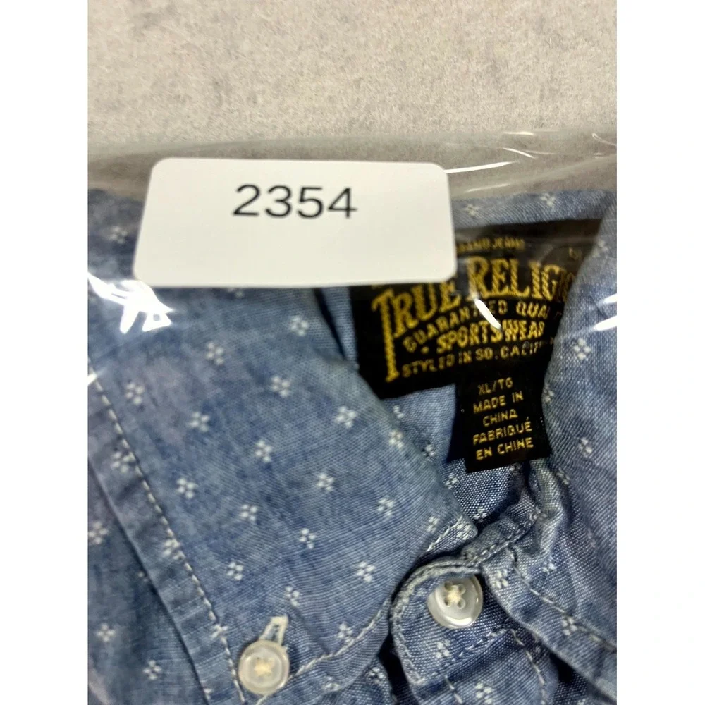 True Religion Shirt Mens XL Blue Chambray Cotton Geometric Back Box Button Down